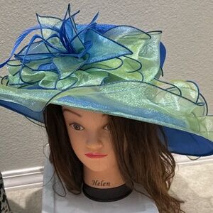 Forbusite - Women's Blue & Light Green Organza Wide-Brim Derby or Church Hat